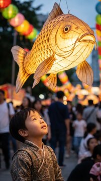 A young boy looking up at a glowing fish lantern during a traditional Japanese festival.