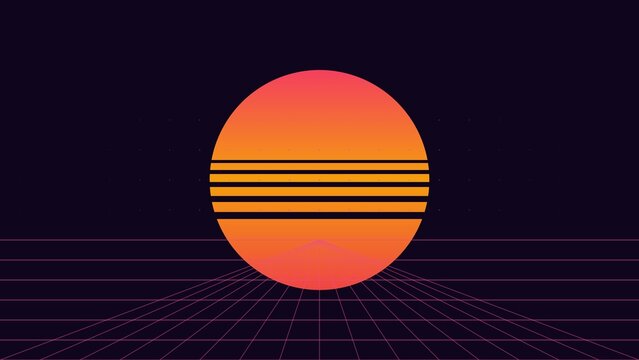 A retro synthwave style featuring a large, glowing orange sun with horizontal stripes above a dark purple grid landscape on a dark background