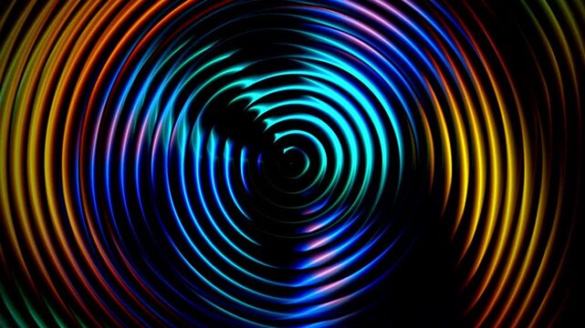 Vibrant colorful glowing concentric circles ripple, creating dynamic hypnotic futuristic optical illusion effects with smooth light patterns