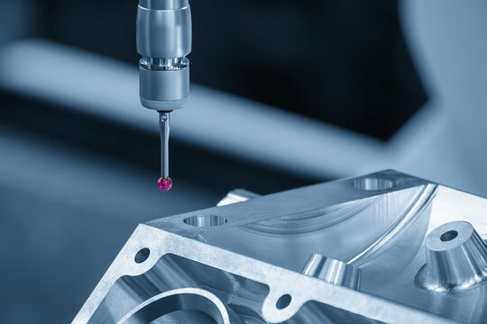Quality control process by CMM touching probe measuring aluminum automotive parts in a blue tone scene