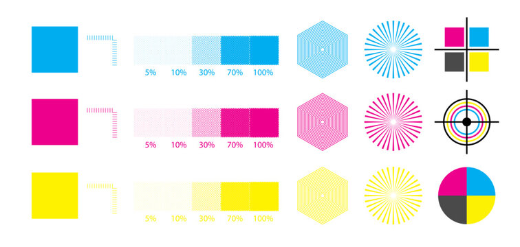 CMYK Color Print Test Chart Vector Set with Registration Marks Crosshair Targets Color Swatches and Calibration Bars
