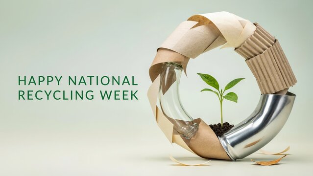 Recycling week concept with circular waste materials and green plant