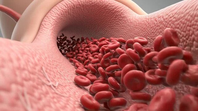 Hypertension inside a human artery, showing blood flowing under increased pressure against the artery wall, with subtle rhythmic vessel-wall stress and continuous red blood cell movement