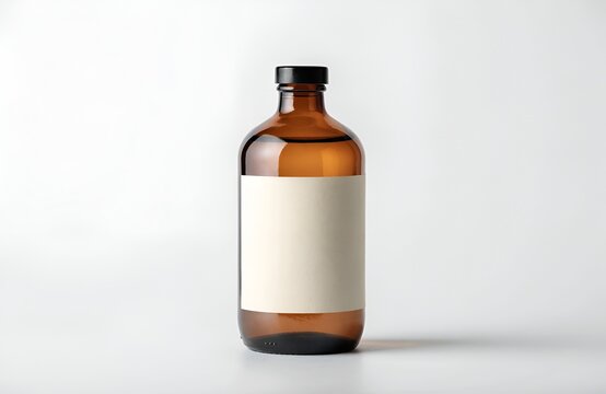 Amber glass bottle with blank label against white background pharmaceutical medicine packaging container supplement vitamins chemistry laboratory template