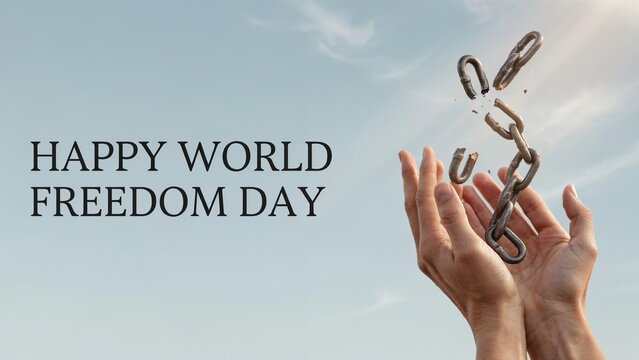Hands releasing broken metal chains against blue sky for world