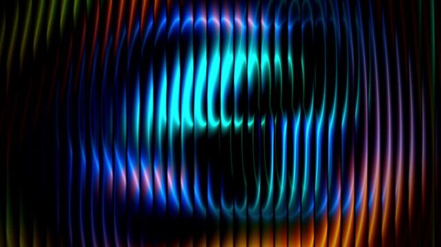 Ribbed glowing neon blue and warm orange vertical lines shifting across dark background with smooth abstract motion