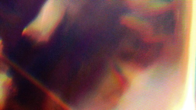 Abstract macro halftone screen texture with blurred purple red orange gradient and bright yellow glow