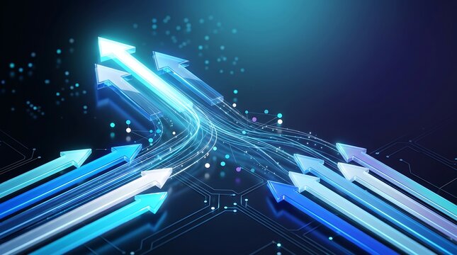 Abstract 3d render of glowing blue arrows moving upward on circuit board background representing business growth and success in modern technology and finance sector development