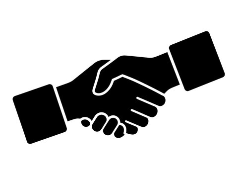 Black silhouette of two hands firmly shaking in a gesture of agreement