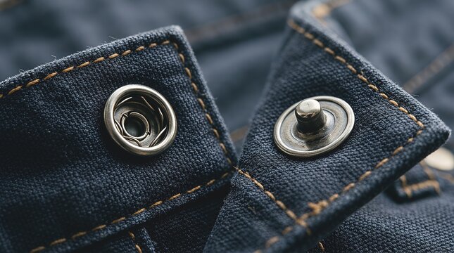 Metal snap button closure on dark blue denim fabric.