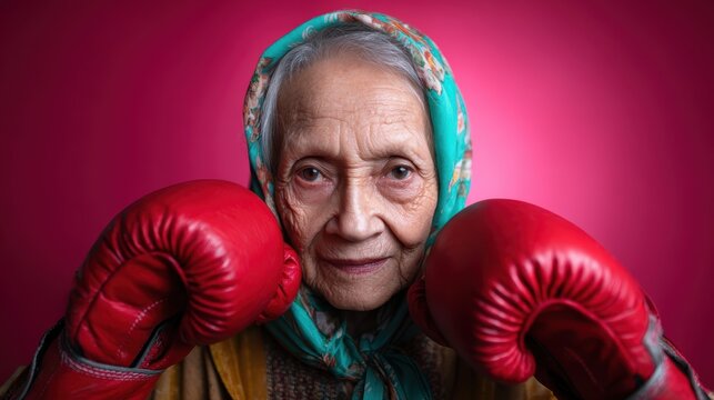 An elderly woman, wearing boxing gloves and a colorful scarf, embodies empowerment and strength, challenging stereotypes and showcasing inner vitality.
