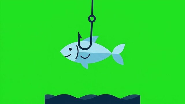 Cute blue cartoon fish swimming upward toward a metal fishing hook against green background