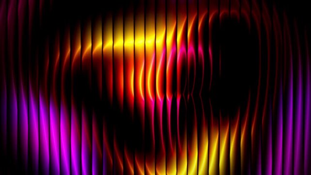 Abstract glowing neon vertical lines waving gracefully in vibrant shades of magenta, orange, and purple creating a futuristic digital background effect