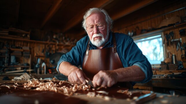 A skilled artisan intensely focused on crafting leather in a well-equipped workshop, showcasing dedication to traditional craftsmanship and the art of leatherwork.