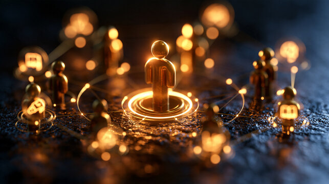 Stylized 3d render of a golden leader figure surrounded by a team of figures with glowing educational icons representing a global knowledge network golden leader figure team figures