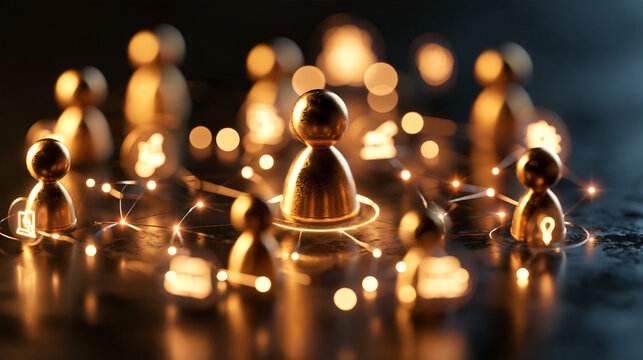 Stylized 3d render of a golden leader figure surrounded by a team of figures with glowing educational icons representing a global knowledge network golden leader figure team figures