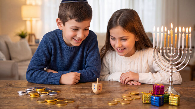 Children celebrating Hanukkah beside a lit menorah with dreidels, coins, and wrapped gifts on a wooden table in a cozy home interior