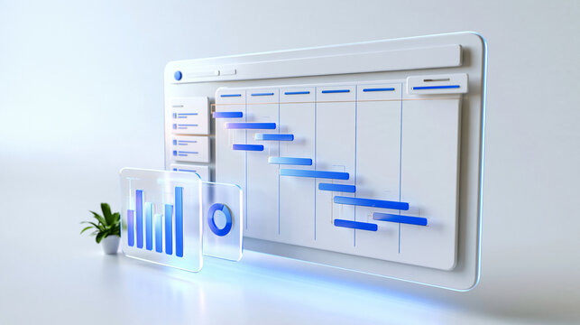 Clean 3d render of a project management dashboard interface with a gantt chart visualizing the project timeline task scheduling and overall progress on a light background project