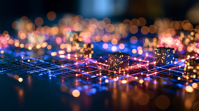 Stylized 3d render of a multilayer neon blockchain grid backdrop with tokenized assets smart contract blocks and decentralized finance nodes blockchain infrastructure decentralized