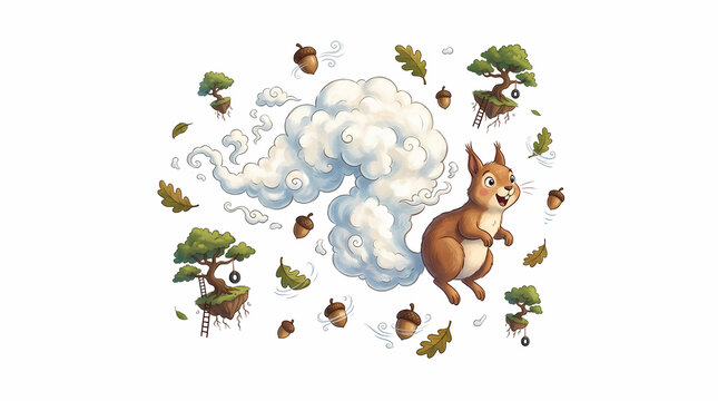 Squirrel jumping with acorns and floating trees