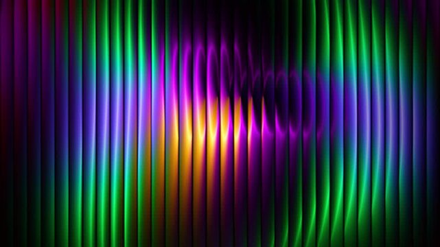 Glowing colorful vertical stripes ripple with vibrant neon purple, green, and orange illumination across a dark futuristic digital background surface