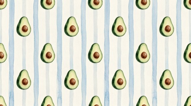 Watercolor avocado seamless pattern with blue vertical stripes on white background