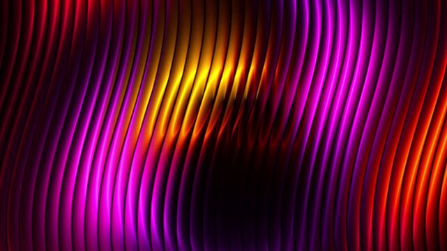 Vibrant neon pink and glowing orange vertical wave lines shift rhythmically creating a dynamic abstract motion pattern inside a dark studio backdrop