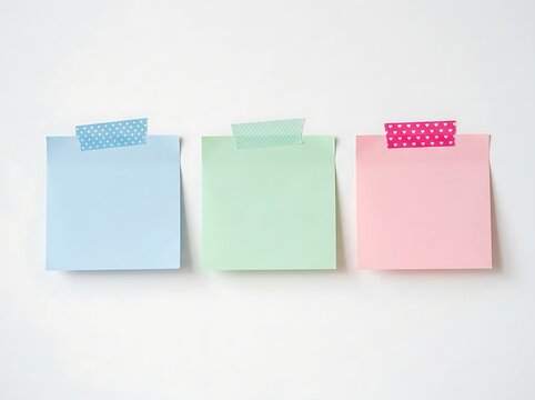 Three colorful sticky notes attached to a plain white surface with patterned masking tape pieces