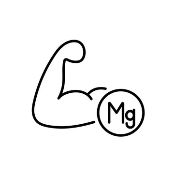 Magnesium icon with a flexed arm and Mg symbol, line vector icon with editable stroke.