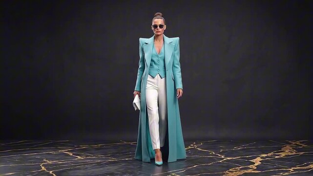 Fashion model in turquoise maxi coat with peaked pagoda shoulders and tailored pants walking on black gold marble runway.