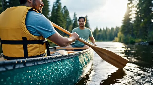 Couple paddles canoe through river lined with cypress trees wearing life jackets. Man and woman row canoe on water. Couple navigates river in canoe. Paddling adventure through cypress waterway.