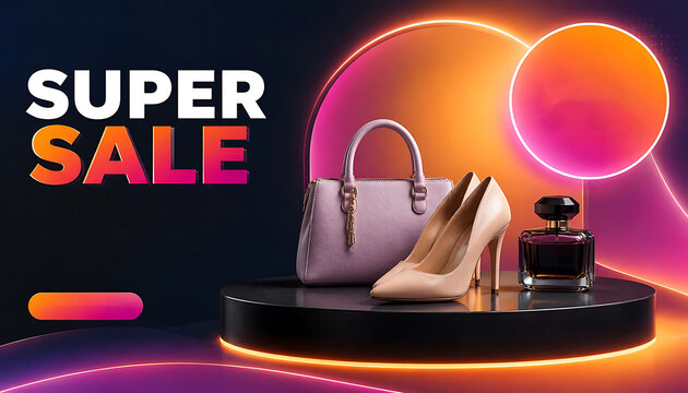 Stylish Fashion Shopping Super Sale Banner Featuring High Heels, Handbag, Glowing Neon Ring, and Podium