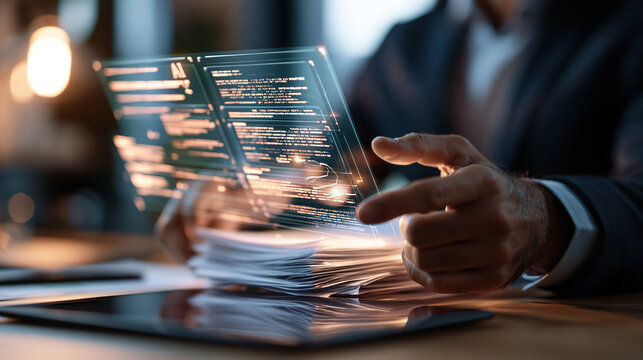 Cropped hands of a professional at a desk comparing AI document analysis against manual review of paper documents on a translucent interface face out of frame AI document analysis versus