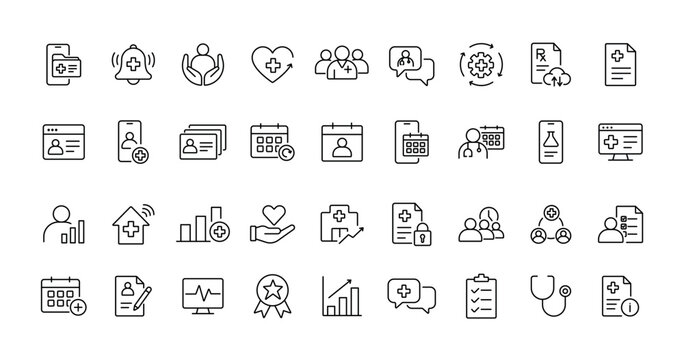 Healthcare and medical management icons for patient care and clinic services, created with editable stroke