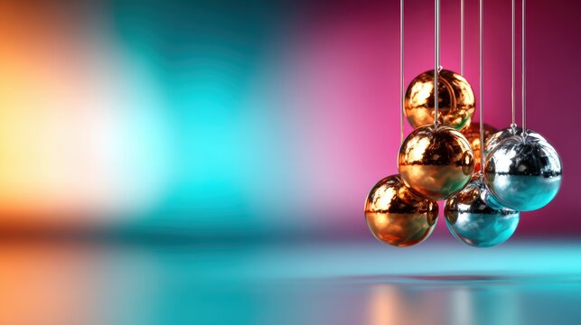 Vibrant metallic orbs captured in a mesmerizing motion, showcasing a blend of colors that evoke feelings of dynamism and artistic expression with a contemporary aesthetic.