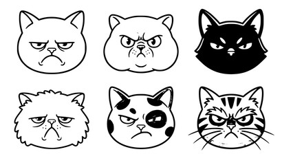 Fototapeta premium Grumpy Cat Faces Vector Set with Frowning Muzzles and Funny Angry Expressions