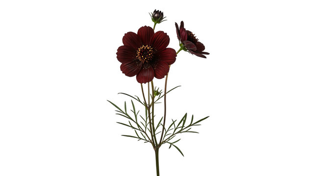 Dark red cosmos flower branch blossom isolated on white background