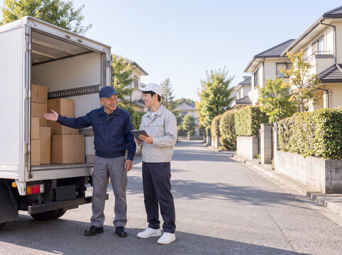2トントラックの荷台でベテランドライバーが新人に積み方を教える、朝の住宅街の地場配送・未経験歓迎の求人素材 / Veteran driver teaching a newcomer how to load boxes at the back of a 2-ton delivery truck on a quiet residential street in the morning, recruit