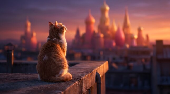 Ginger cat sitting on a rooftop looking at a fantasy castle during a