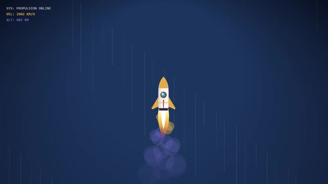 A 2D vector animation of a cartoon rocket launching into space with digital HUD telemetry data showing speed and altitude on a dark blue background.