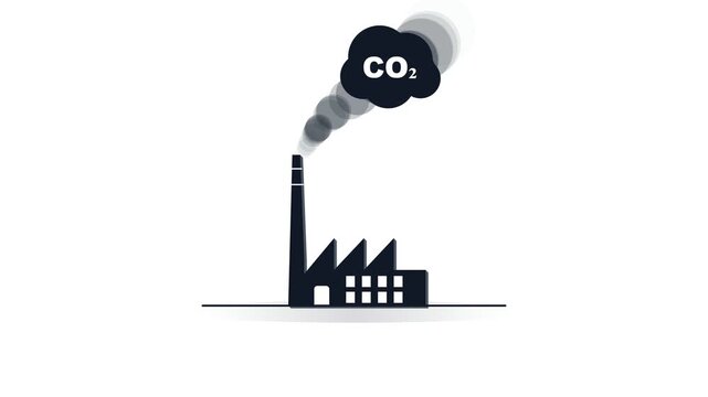 Industrial factory silhouettes emitting co2 smoke on white background. 4K