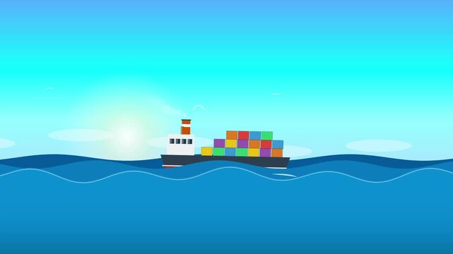 Animated container ship sailing across the calm ocean with sunrise background in vector illustration style