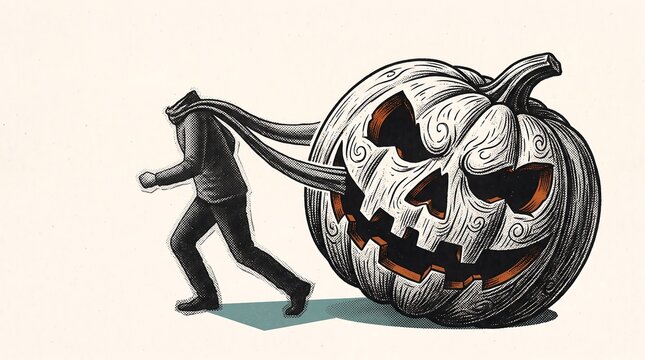 Headless man pulling a giant carved halloween pumpkin illustration in