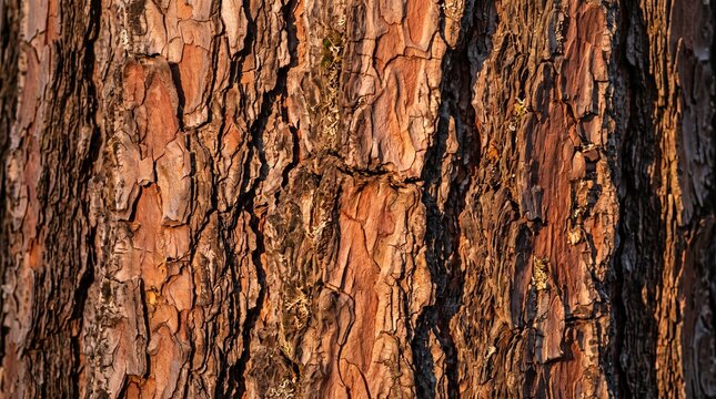 Close-up of rough pine tree bark texture illuminated by warm golden sunlight in nature