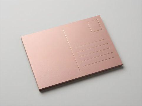Rose gold metallic postcard mockup on grey background, flat lay stationery template