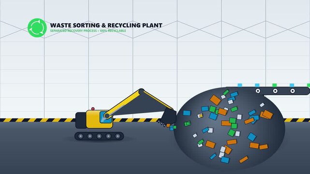 Industrial excavator arm moving waste into recycling plant container. 4K