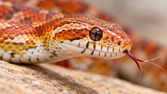 Extreme close-up of an orange and brown corn snake extending its forked tongue, showing detailed scales, eye and head patterns against a softly blurred background. Exotic pet reptile and snake behavio