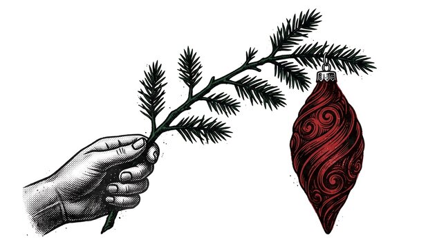 Hand holding a pine branch with a decorative red christmas ornament