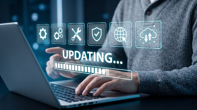 Person using a laptop to perform a software system update with digital interface icons