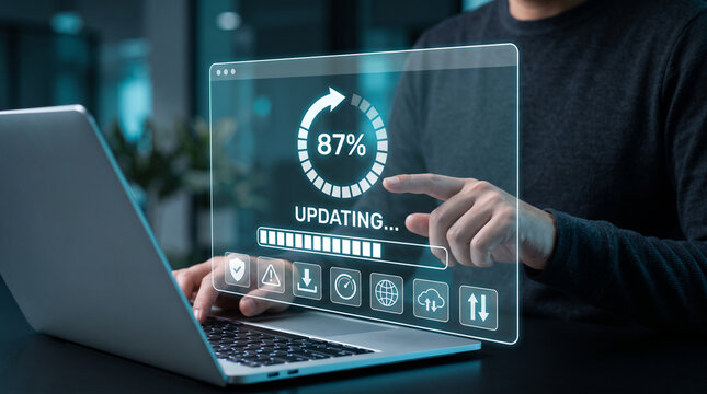 Person using a laptop with a digital interface showing a software update progress bar